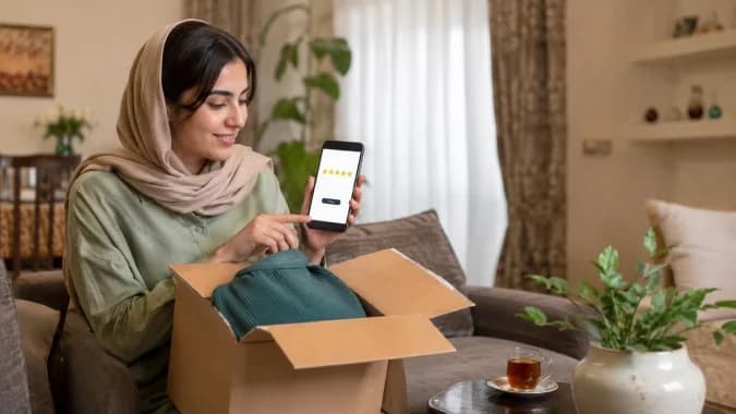 خریداری که بعد از باز کردن بسته سفارش، با گوشی به محصول ۵ ستاره میدهد